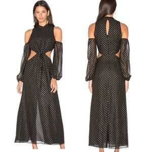 LPA Dress 43 in gold polka dot side cutout cold shoulders halter maxi dress